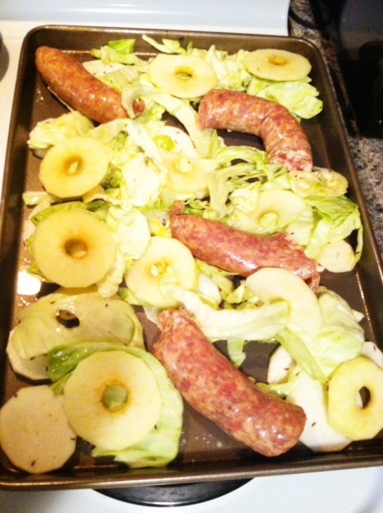 layer sausage, cabbage, turnips and apples
